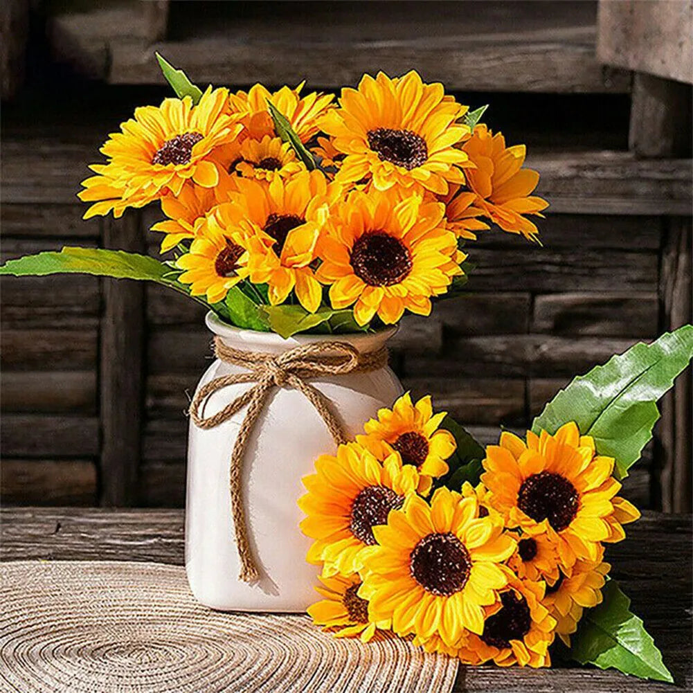 1 Bunch 7 Heads Artificial Sunflowers 29cm Shrubs Fake Flower Bouquet For Garden Bookstore Wedding Cafe Store Party Decor