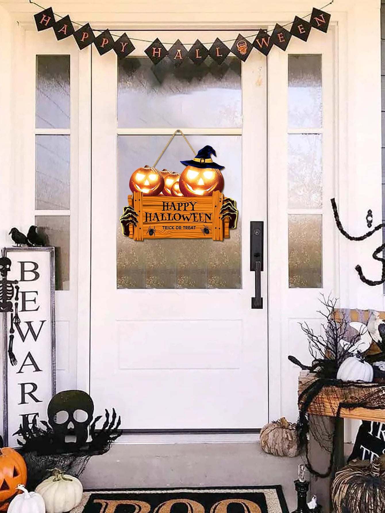 Happy Halloween Wooden Sign, Pumpkin With Hat Wooden Sign, Suitable For Home, Wall, Room,Cafe, Shop, Party, Holiday Decoration