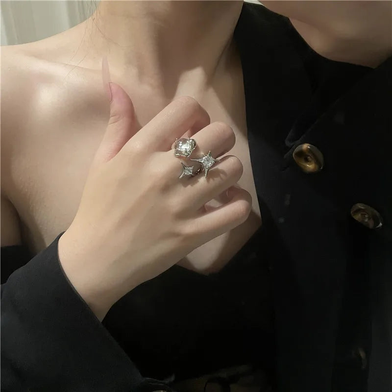 3Pcs/Set Y2k Irregular Open Rings Moonstone Finger Rings For Women Girls Kpop Sweet Cool Trendy Jewelry Gifts Wholesale