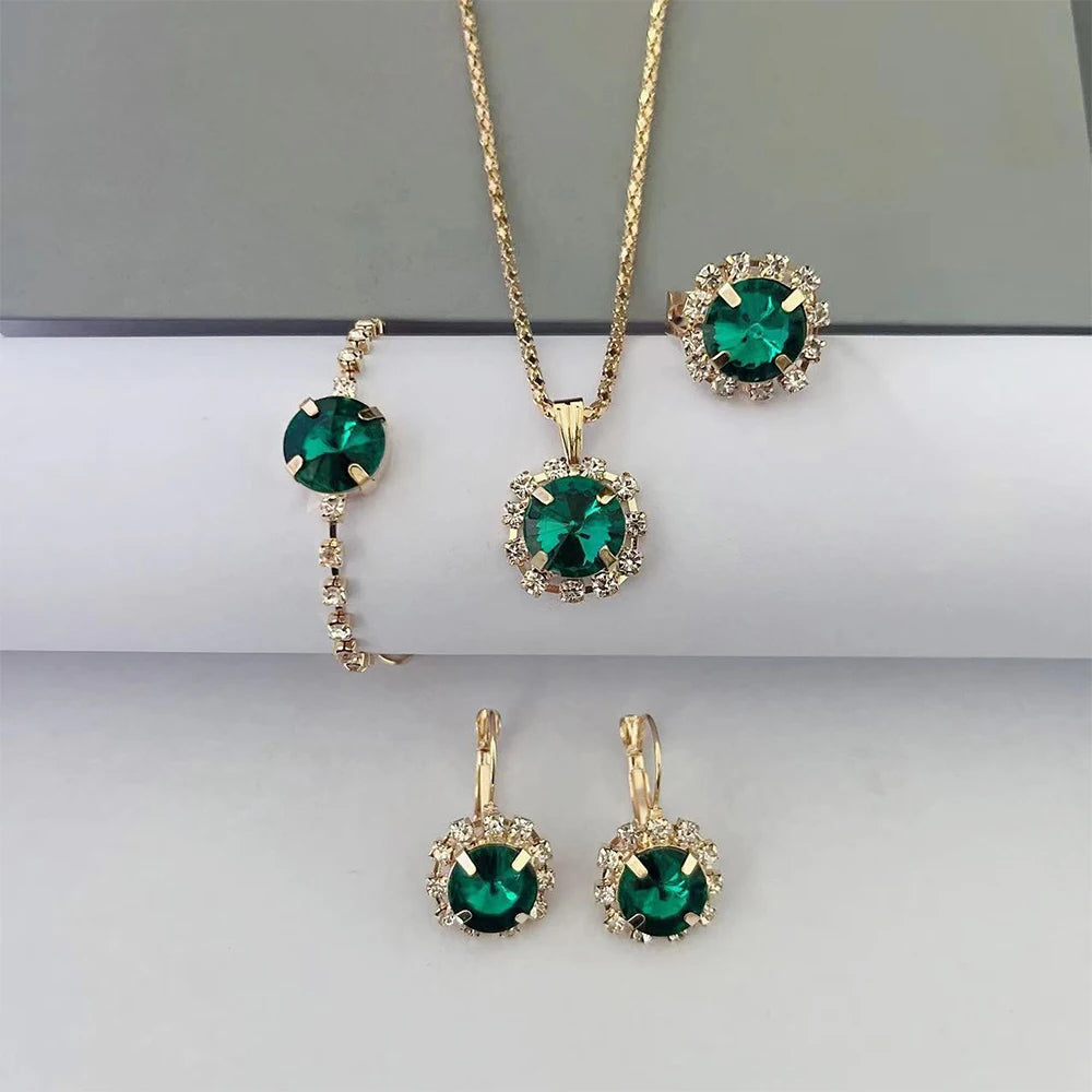 5 Piece Set Women Fashionable Temperament Circular Green Crystal Necklace Bracelet Earring Ring Combination Versatile Exquisite