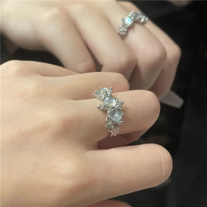 3Pcs/Set Y2k Irregular Open Rings Moonstone Finger Rings For Women Girls Kpop Sweet Cool Trendy Jewelry Gifts Wholesale